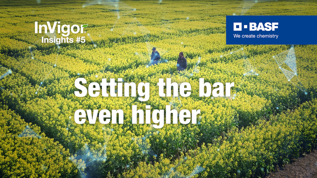 Text saying setting the bar even higher with two men walking through a canola field in the background