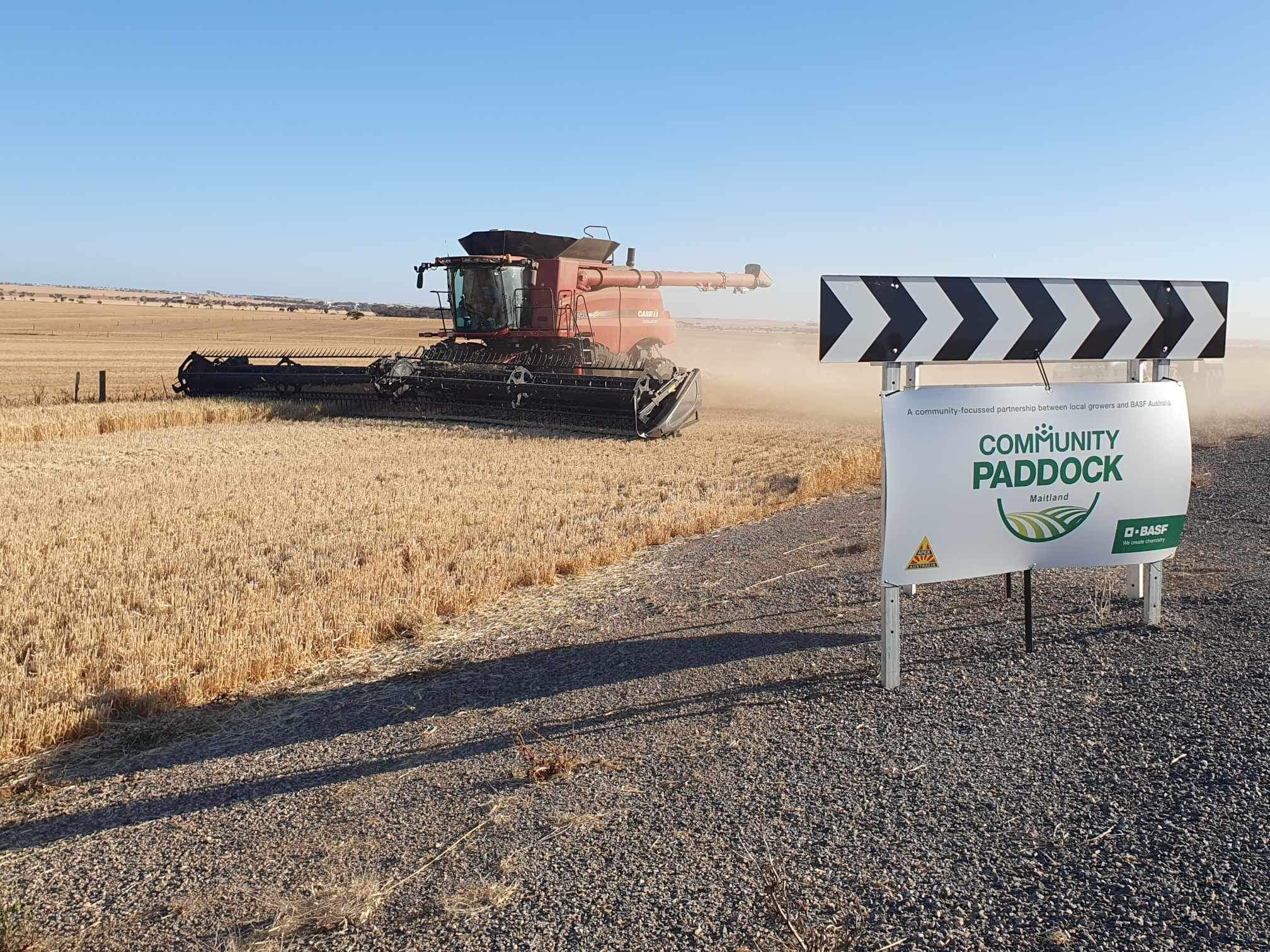 A red header in the paddock behind a sign that reads community paddock